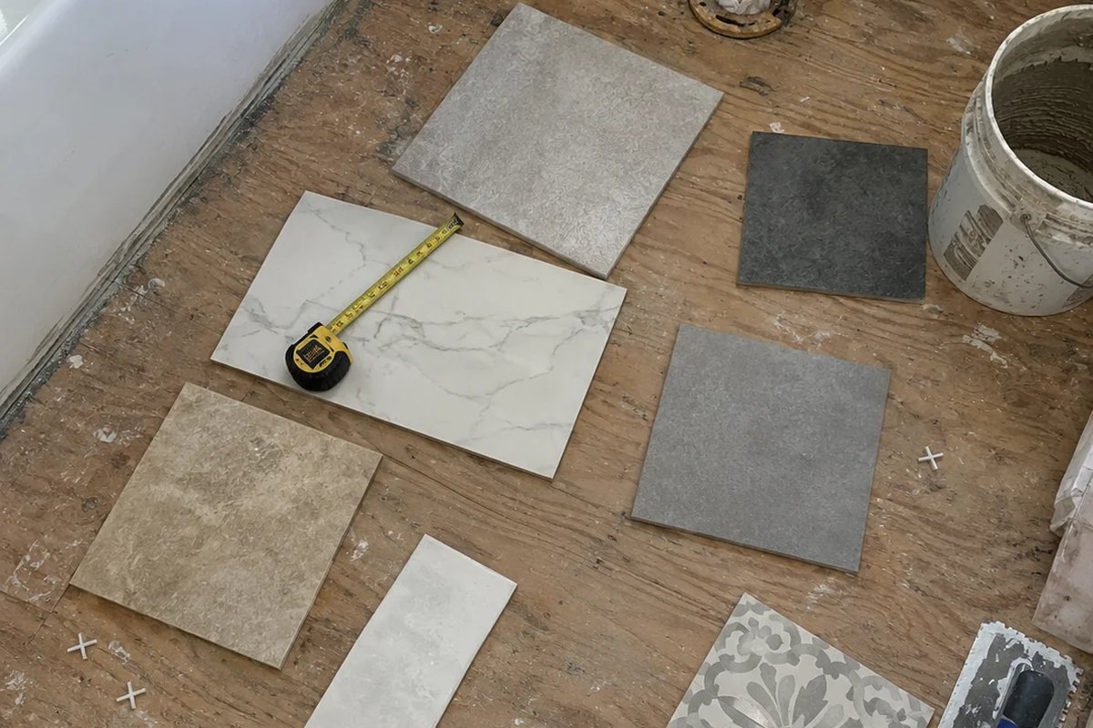 Several loose tile samples in different colors and sizes laid out on a bare plywood bathroom subfloor, with a yellow tape measure on a white marble-look tile, tile spacers scattered nearby, a bucket at the right and a trowel at the corner.