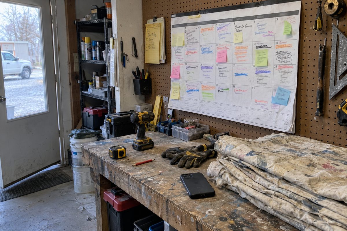 A paper wall calendar pinned to pegboard in a contractor's garage shop, nearly every day filled with marker notes and sticky notes, above a paint-stained workbench with a drill, tape measure, work gloves, a face-down phone, and folded drop cloths.
