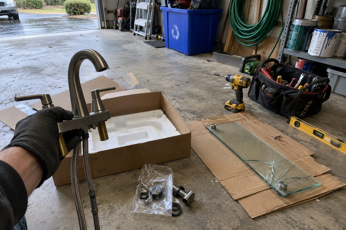 A gloved hand holding a new bathroom faucet over its opened shipping box on a garage floor, with a torn parts bag, a cracked glass shelf on flattened cardboard, a drill, a level, and a tool bag nearby.