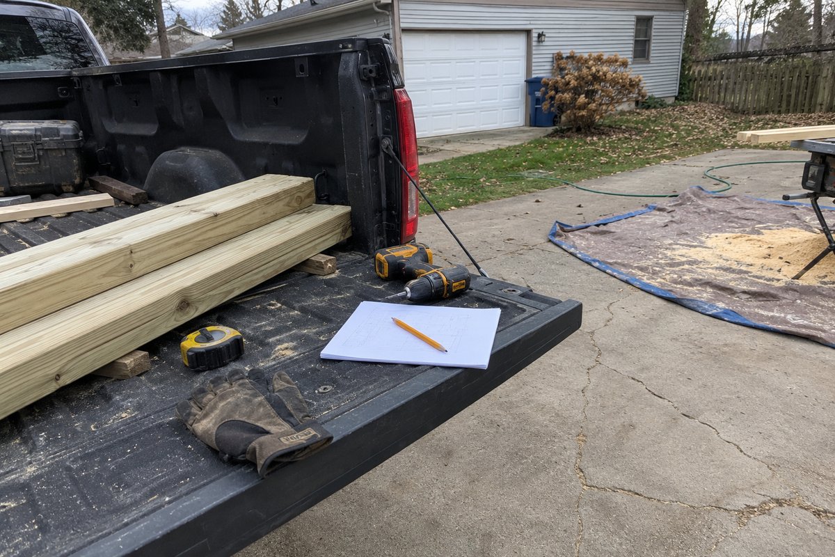 A pickup tailgate in a driveway holding pressure-treated lumber, a tape measure, a worn work glove, a cordless drill, and a sheet of paper held down by a pencil.