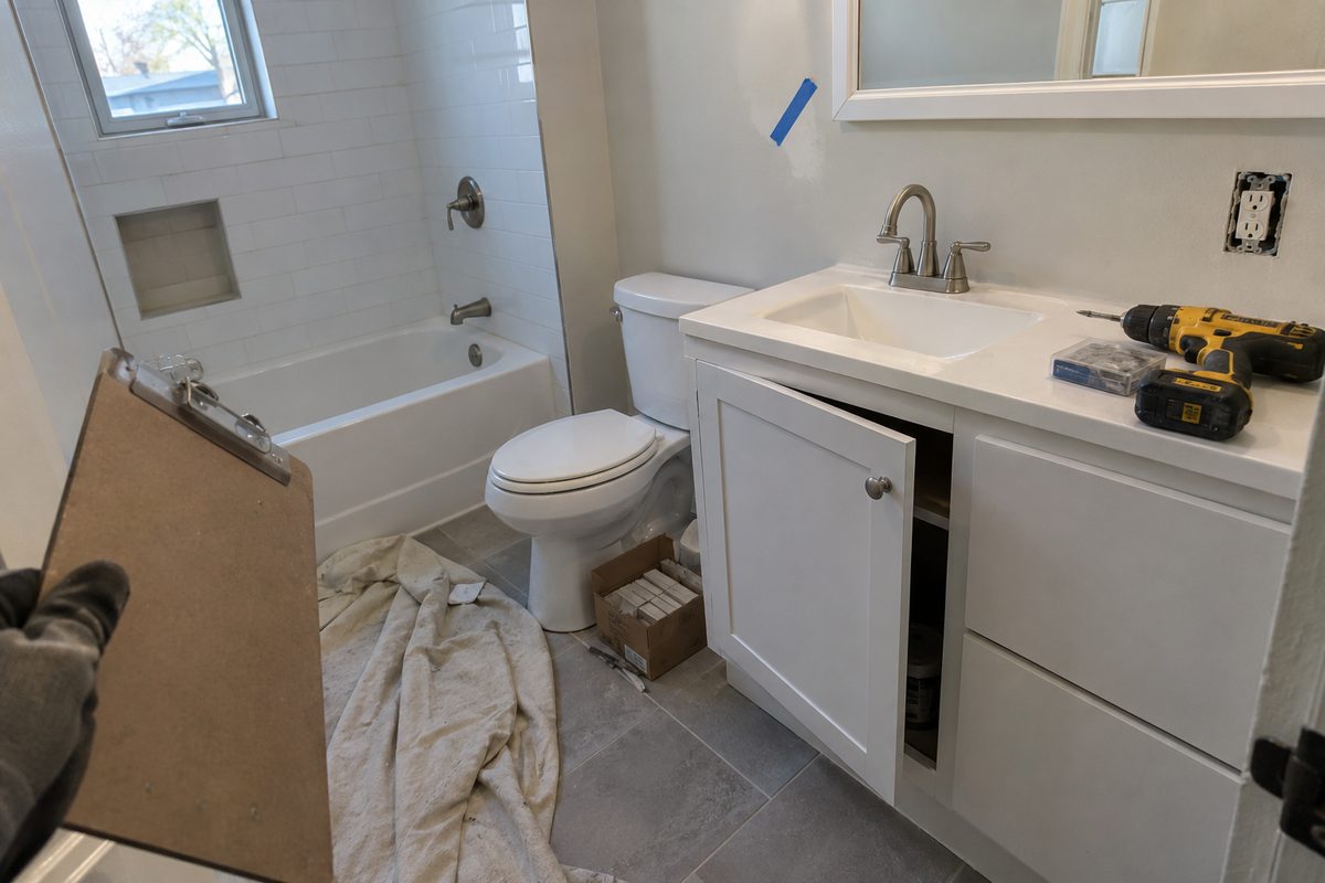 A just-finished bathroom remodel with a cabinet door ajar, painter's tape marking a touch-up spot, an outlet missing its cover plate, and a gloved hand holding a clipboard.