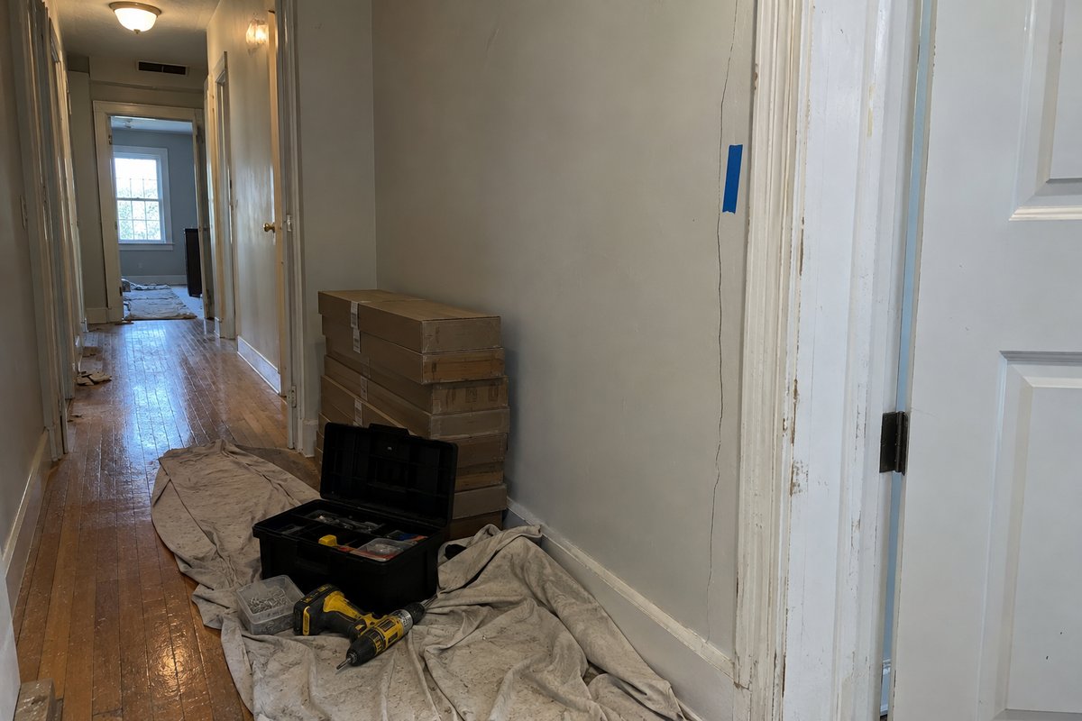 A house hallway at the start of a job: an old crack running up the wall beside a scuffed door frame, marked with a strip of blue painter's tape, with drop cloths, an open toolbox, a drill, and stacked flooring boxes on the floor.