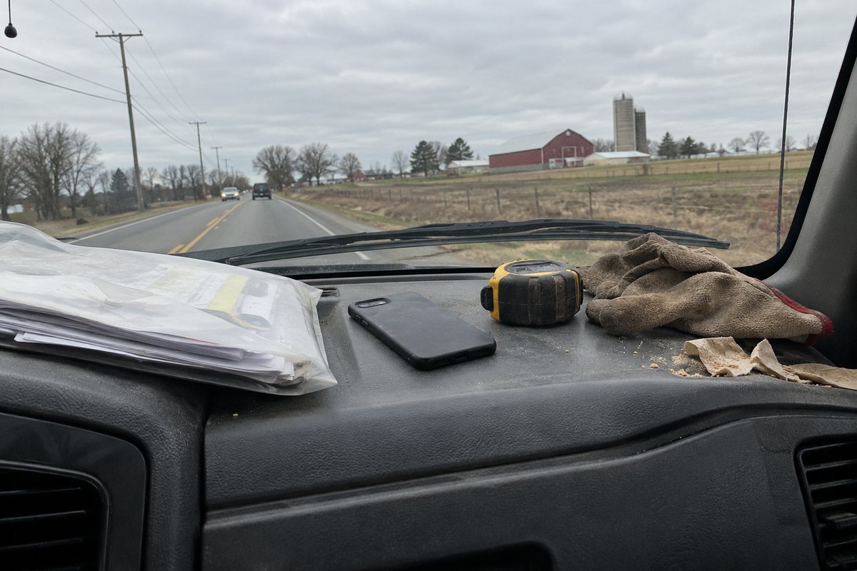 A contractor's truck dashboard with a plastic sleeve of folded papers, a face-down phone, a yellow tape measure, and dusty work gloves, with a rural road visible through the windshield.