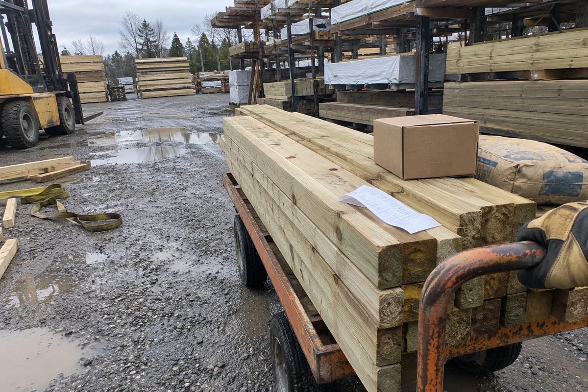 A rusty lumber yard cart loaded with pressure-treated posts, a cardboard box, and a bag of concrete mix, with a gloved hand on the handle and a supply-house receipt lying on top of the wood, on wet gravel under an overcast sky.