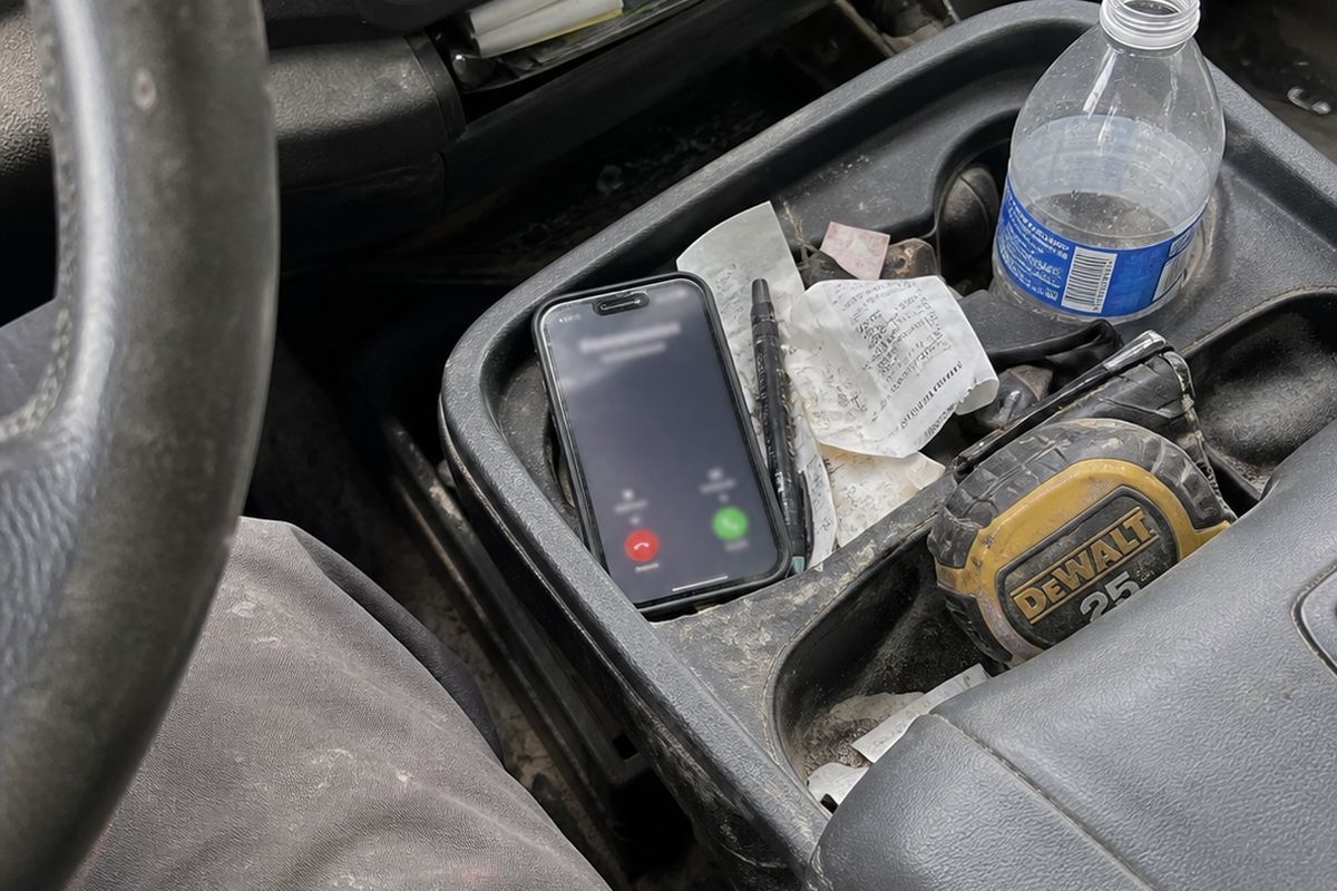 A phone in the centre console of a work truck showing a missed call notification.