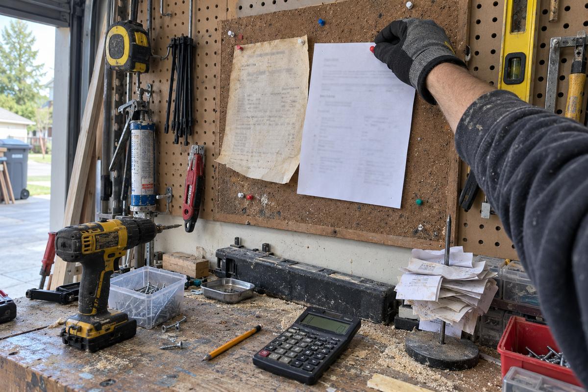 A gloved hand pinning a fresh blank sheet next to an old faded sheet on a cork board in a cluttered garage shop, with a drill, a box of screws, a calculator, and a receipt spike on the workbench below.
