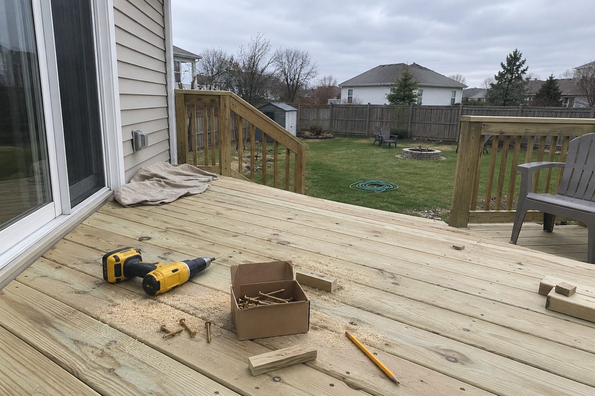 A newly built wooden deck behind a house on an overcast day, with a cordless drill, a box of screws, and sawdust still on the boards.