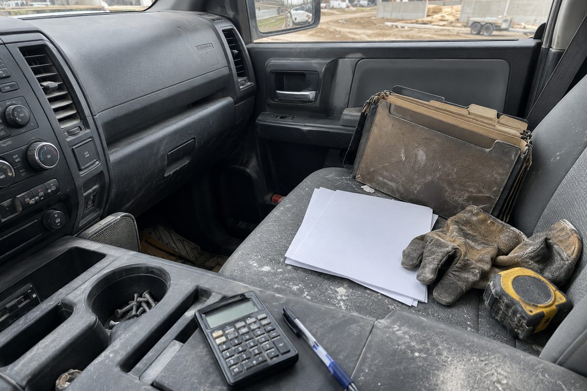 A dusty pickup truck seat with an accordion file folder, blank paper, work gloves, and a tape measure, with a calculator and pen on the center console.