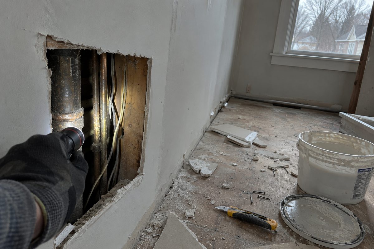 A gloved hand shining a flashlight into a hole cut in new drywall, showing old pipes and wiring, with drywall scraps, a utility knife, and a joint compound bucket on the plywood floor.