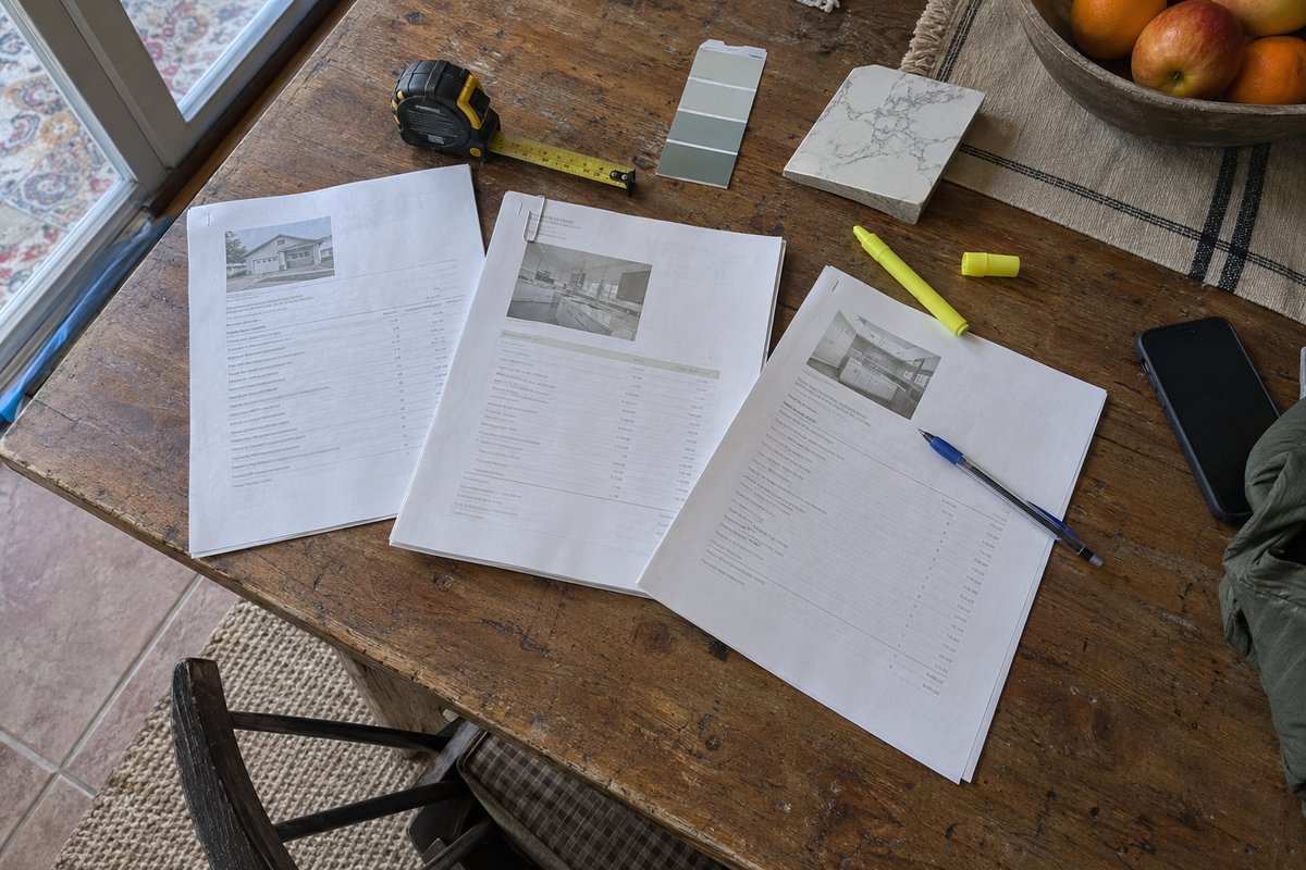 Three different printed contractor estimates laid side by side on a worn wooden kitchen table, with a tape measure, a paint chip strip, a stone sample, a highlighter, a pen, and a face-down phone around them.