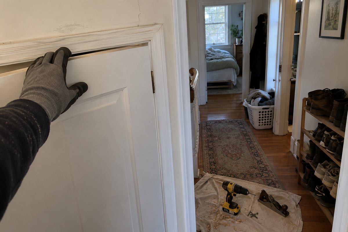 A gloved hand pushing on a sticking white interior door near the top corner, a hairline crack in the wall above the casing, and a cordless drill and hand plane on a drop cloth with wood shavings in a lived-in hallway.